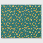 Stars Moon Black Sky Black Gold Aquamarines Wasser Geschenkpapier (Flach)