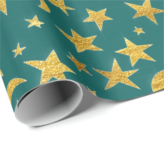 Stars Moon Black Sky Black Gold Aquamarines Wasser Geschenkpapier (Rolleneckpunkt)