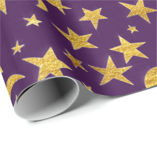 Stars Moon Black Sky Black Gold Lila Lavendel Geschenkpapier