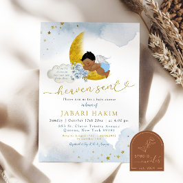 Stars Moon Blue African Angel Boy Baby Dusche Einladung