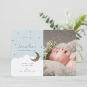 Stars & Moon Blue Boy Foto Geburtserklärung Einladung (Stehend Vorderseite)