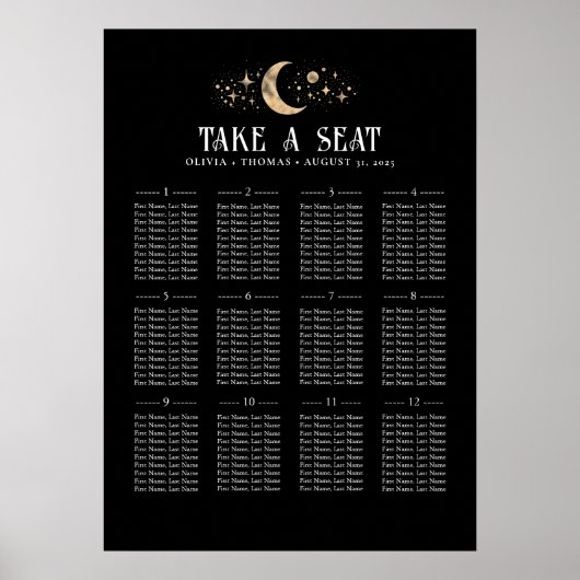 Stars Moon Celestial Black Wedding Chart Poster (Vorne)