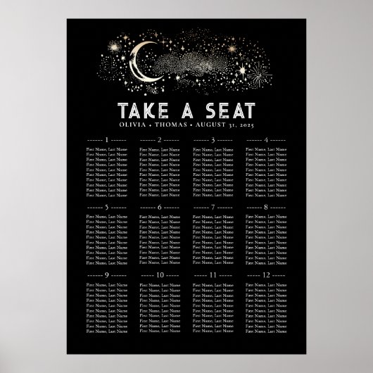 Stars Moon Celestial Black Wedding Chart Poster (Vorne)