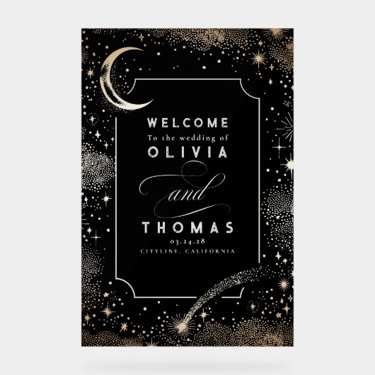 Stars Moon Celestial Black Wedding Willkommenszeic Acrylschild (Vorderseite)