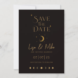 Stars & Moon Celestial Save the Date, Black & Gold Einladung