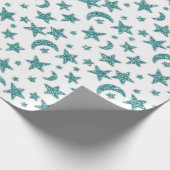 Stars Moon Funkelnd Aquamarin Aqua Blue White Geschenkpapier (Ecke)