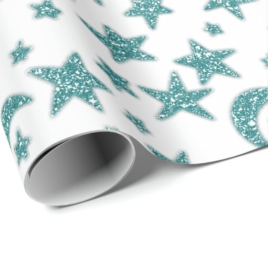 Stars Moon Funkelnd Aquamarin Aqua Blue White Geschenkpapier (Rolleneckpunkt)