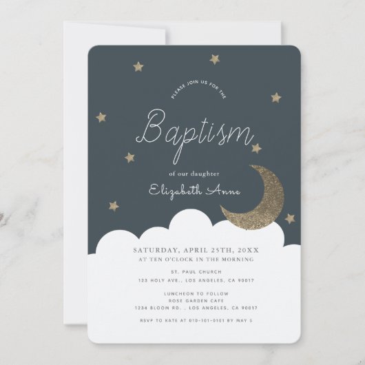 Stars & Moon Navy Blauer Junge Taufe Einladung (Vorderseite)