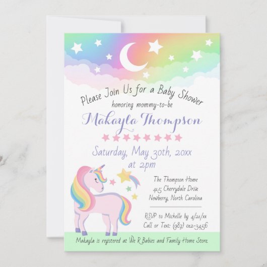 Stars & Moon Rainbow Magical Unicorn Kinderdusche Einladung (Vorderseite)