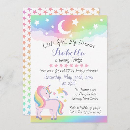 Stars & Moon Rainbow Sky Magical Unicorn Geburtsta Einladung (Vorne/Hinten)