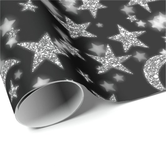 Stars Moon Spark Night Galaxy Black Silver Grau Geschenkpapier (Rolleneckpunkt)