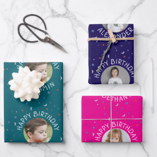 Stars Moon Sun Wrapping Paper Flat Sheet Set 3 Geschenkpapier Set