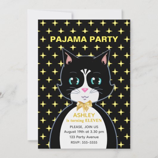 Stars & Niedliche Geburtstag Cat Pajama Party Einladung (Vorderseite)