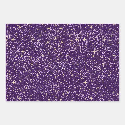 Stars Night Sky Celestial Lila und Gold Muster Geschenkpapier Set (Vorderseite)