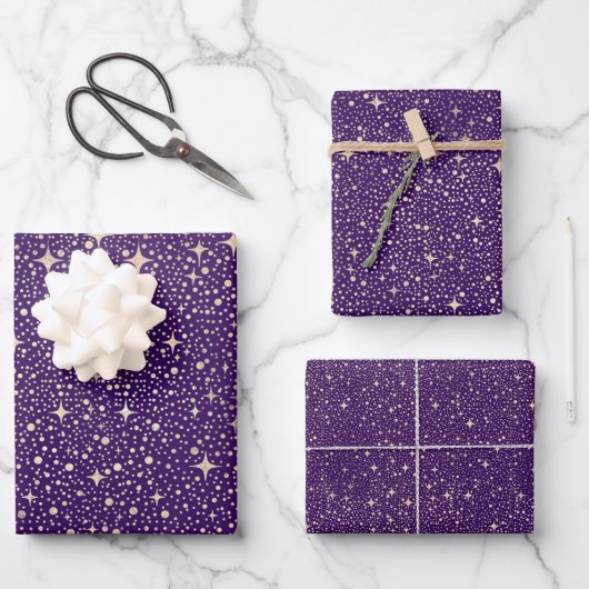 Stars Night Sky Celestial Lila und Gold Muster Geschenkpapier Set (Vorderseite)