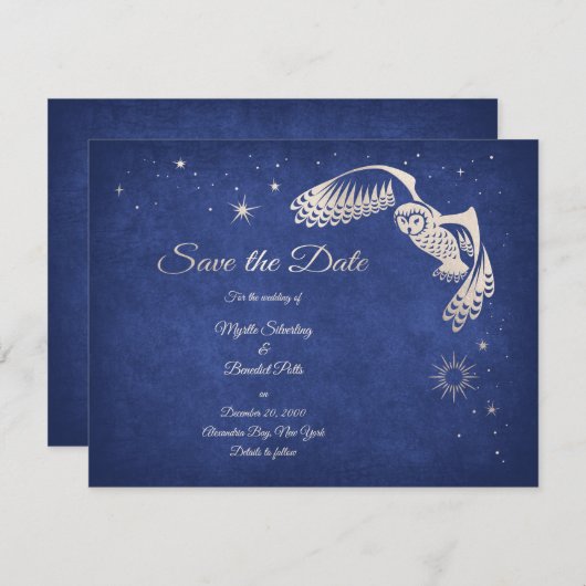 Stars Owl Blue Wizard Magic Wedding Save The Date (Vorne/Hinten)