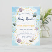 Stars Planets Blue Baby Dusche Einladung (Stehend Vorderseite)