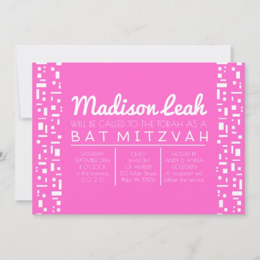 Stars & Squares PINK Bat Mitzvah Einladung (Vorderseite)