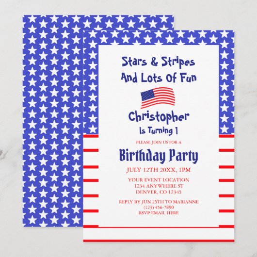 Stars & Streifen 1. Geburtstag Einladung (Vorne/Hinten)