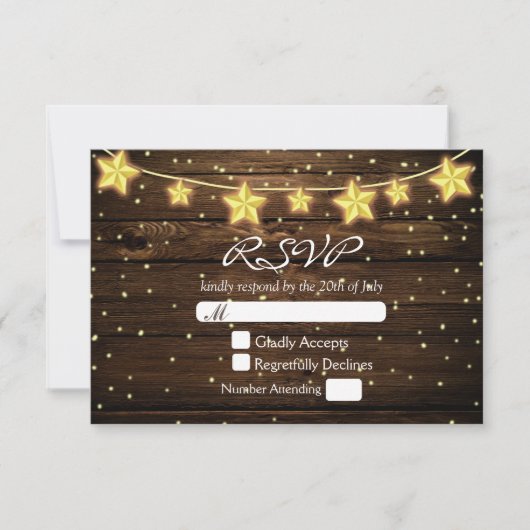 Stars String Lights Rustic Wood Wedding RSVP Card Karte (Vorderseite)