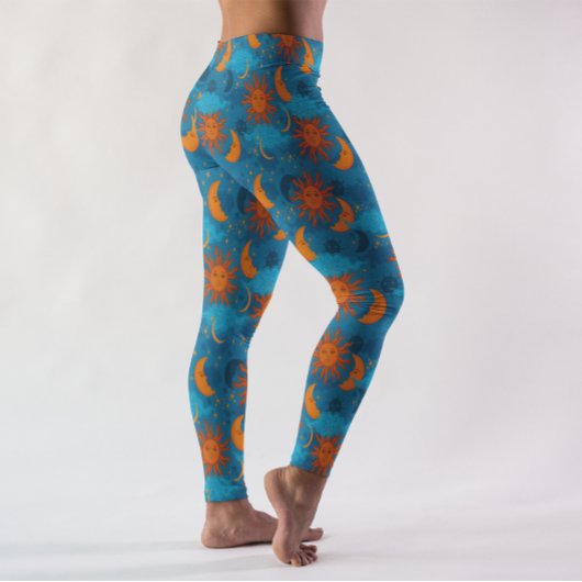 Stars Sun Moon Clouds Night Sky Blue Leggings