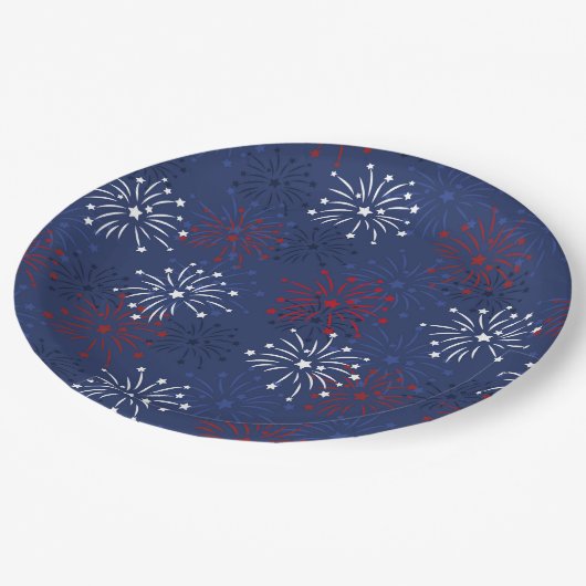 Stars und Feuerwerke: Unabhängigkeitstag Pappteller (Schrägansicht)