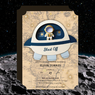 Start Abheben! Moderne Vintage-Astronauten-Baby-Pa Einladung