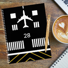 Start des Flugzeugs auf der Airport Runway, Fun Av Notizblock