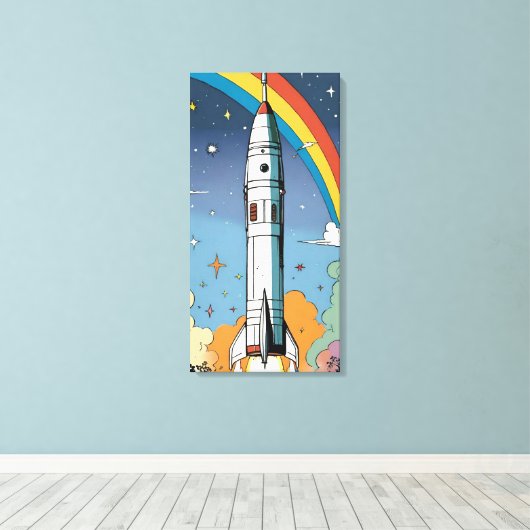 Start-Space-Rakete-Retro-Glossy-Poster Leinwanddruck (Insitu (Holzboden))