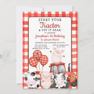 Start Your Tractor 1st Birthday Red farm animal Einladung