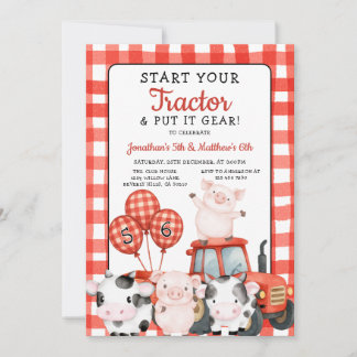 Start Your Tractor Joint Birthday Red farm animal Einladung