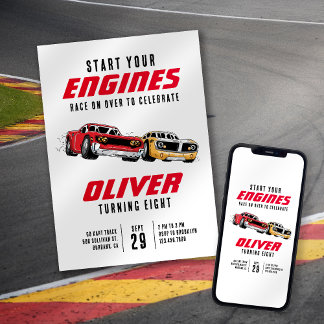 Starten Sie Ihre Motor Racing Cars Geburtstagspart Einladung