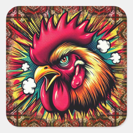 "Startled Mad Rooster"  Quadratischer Aufkleber (Vorderseite)