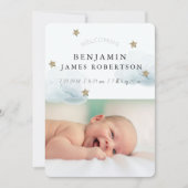 Starts & Clouds Boy Blue Birth Announccard Einladung (Vorderseite)
