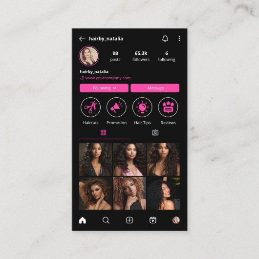 Startsymbol für die schwarz-rosa Haarstylle Foto Visitenkarte (Vorderseite)