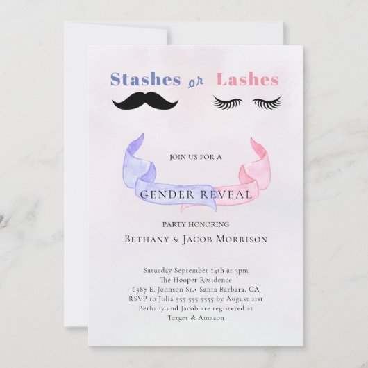 Stashes oder Lashes Gender Reveal Baby Shower Einladung (Vorderseite)