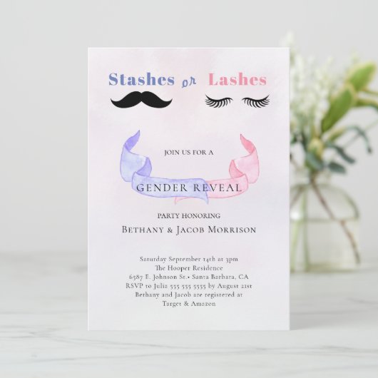 Stashes oder Lashes Gender Reveal Baby Shower Einladung (Stehend Vorderseite)