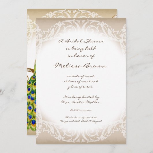 State Peacock w Swirl Branch Wedding Einladung (Vorne/Hinten)