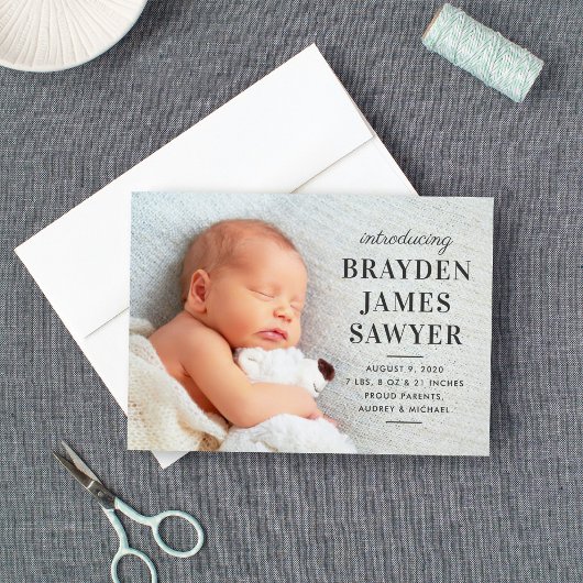 Statement Name Charcoal Gray Baby Boy Foto Birth Ankündigung