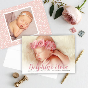 Statement Name Rosy Pink Script Baby Foto Birth Ankündigung