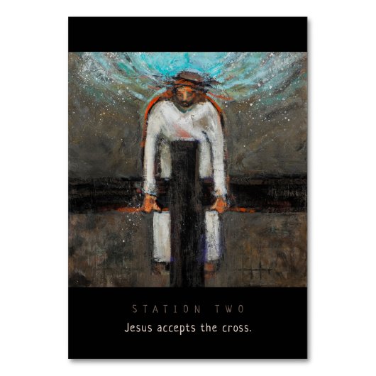 Station zwei, Jesus akzeptiert Cross Prayer Card Tischnummer (Vorderseite)