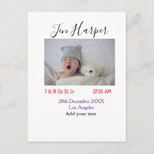 Statistiken zur Babyg Geburt speichern Name Ort Da Postkarte