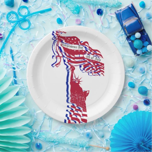 Statue der Freiheitsamerikanischen Flagge und Ihr Pappteller (Party)