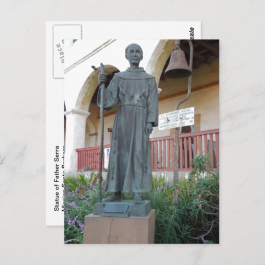 Statue des Vaters Serra bei der Mission Santa Barb Postkarte (Vorne/Hinten)