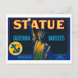 Statue Kalifornien Bartletts Vintage-Kistenetikett Postkarte
