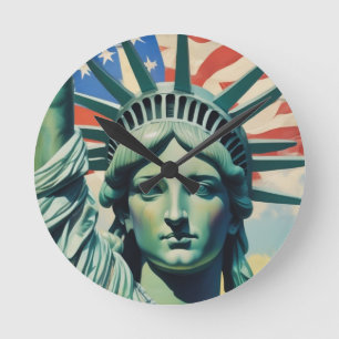 Statue of Liberty & American Flag Art New York Runde Wanduhr