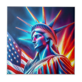Statue Of Liberty Red White Blue With Flag Fliese