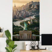 Statue of Liberty und globale Wahrzeichen Fantasy Poster (Heimbüro)