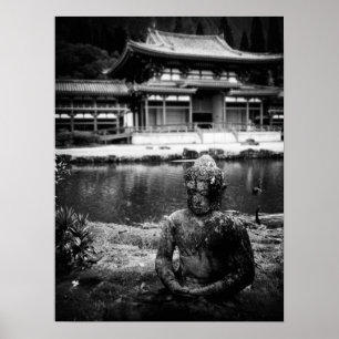Statue vor dem buddhistischen Tempel, Oahu B&W Poster