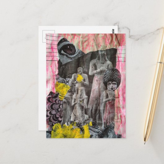 Statues of People mixed media collage Postkarte (Vorderseite/Rückseite Beispiel)